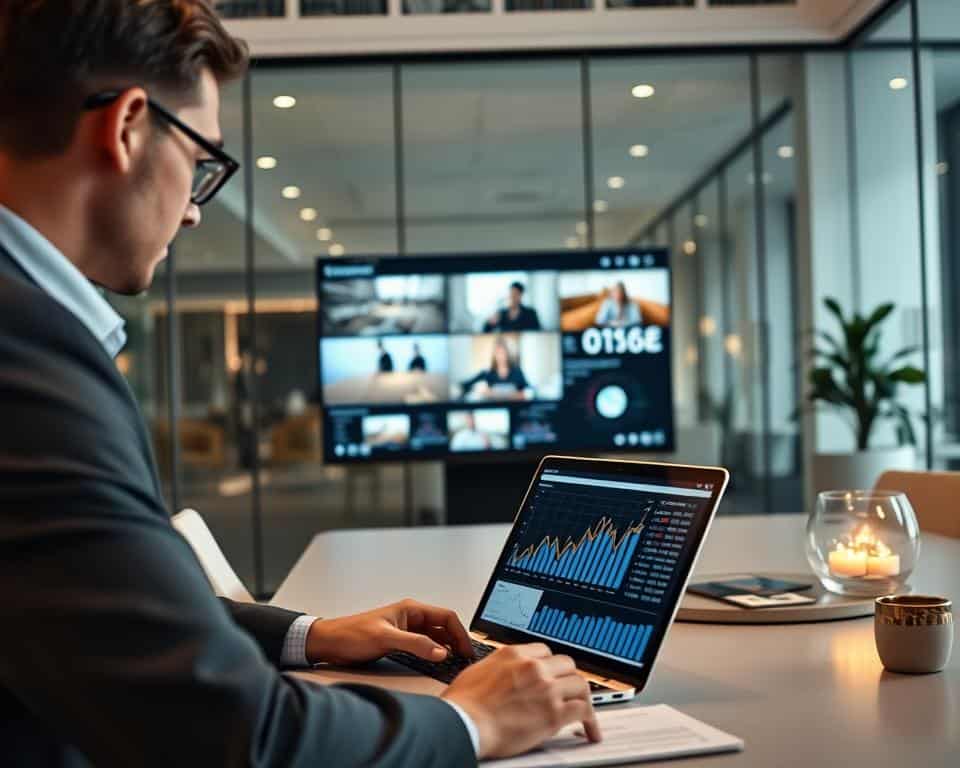 A modern corporate workspace featuring a professional business analyst engaged in video ROI measurement. In the foreground, the analyst, dressed in smart business attire, is focused on a laptop displaying analytics graphs and video metrics. In the middle ground, a large screen shows video footage alongside ROI statistics, visually combining video content with data visualizations. The background consists of a sleek office environment with glass walls, soft ambient lighting, and strategic decor that reflects a corporate atmosphere. The overall mood is one of professionalism and innovation, emphasizing the analytical process involved in measuring corporate video performance. The camera angle is slightly overhead, capturing the collaborative and dynamic essence of the workspace.