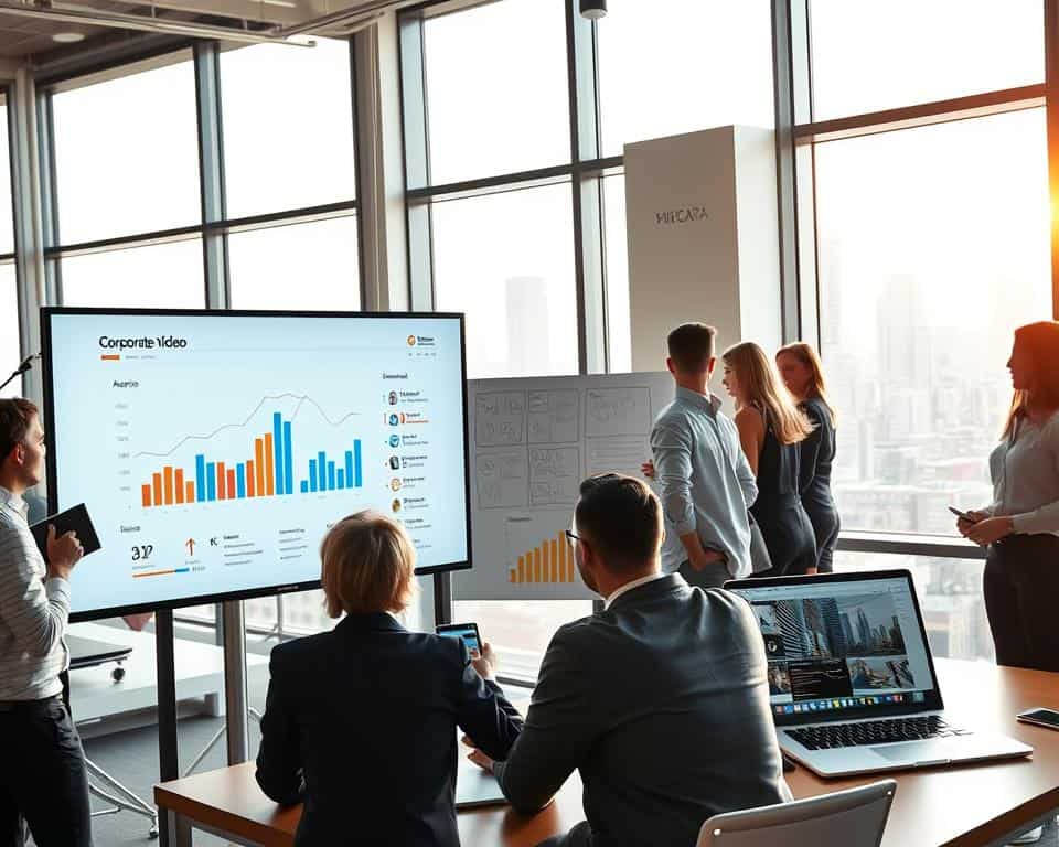 A modern office workspace with a large digital screen displaying corporate video analytics in the foreground, featuring a diverse group of professionals in business attire engaged in a collaborative discussion. In the middle ground, a whiteboard filled with charts and marketing strategies, alongside a laptop showing video content creation software. The background showcases large windows with a city skyline, letting in soft sunlight that creates an inviting atmosphere. Use a wide-angle lens to capture the scene in a dynamic way, emphasizing teamwork and innovation. The overall mood is energetic and forward-thinking, reflecting the seamless integration of corporate videos into marketing strategies.