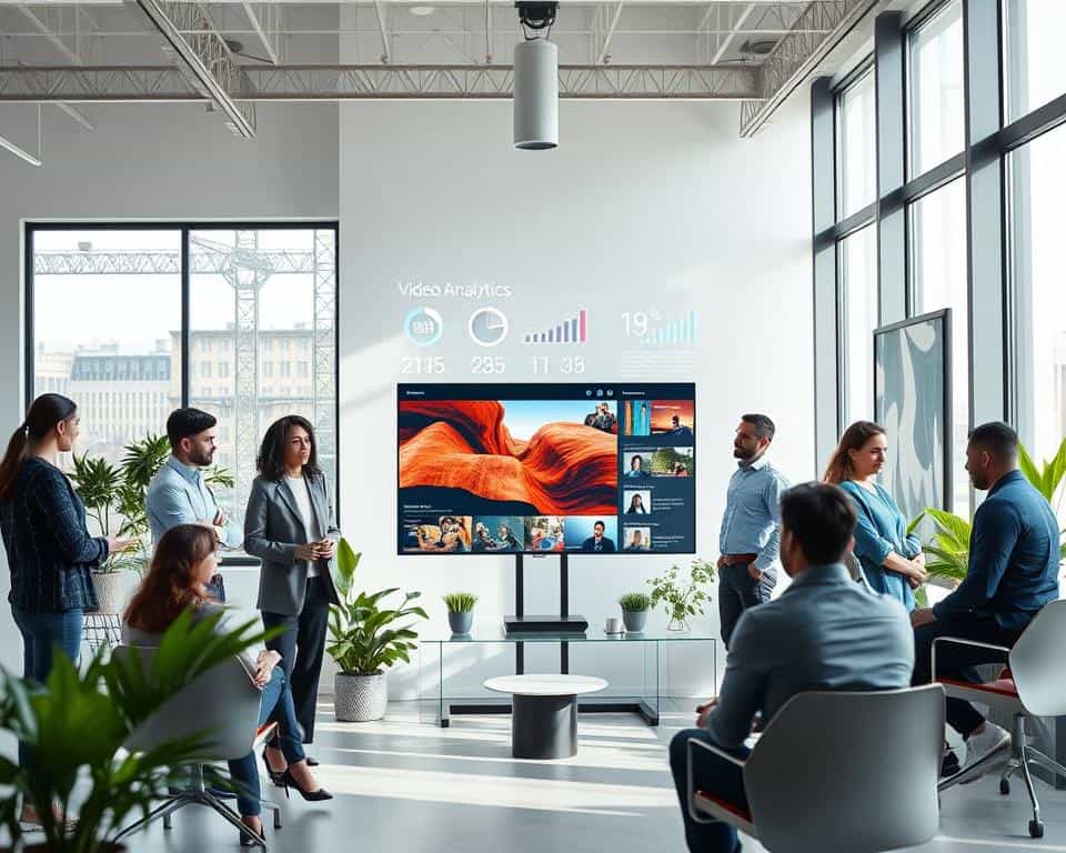 A sleek, modern office space bathed in soft, natural light filtering through large windows. In the foreground, a diverse group of professionals in smart casual attire are collaborating on a digital marketing strategy around a futuristic holographic screen displaying vibrant video analytics and trending content ideas. The middle ground features a large monitor showing a dynamic corporate video with engaging visuals and social media stats. In the background, greenery from indoor plants adds a fresh touch, while abstract art on the walls complements the cutting-edge atmosphere. The lens captures the scene from a slightly elevated angle, creating an inspiring, forward-thinking mood that embodies the future of corporate video in digital marketing.