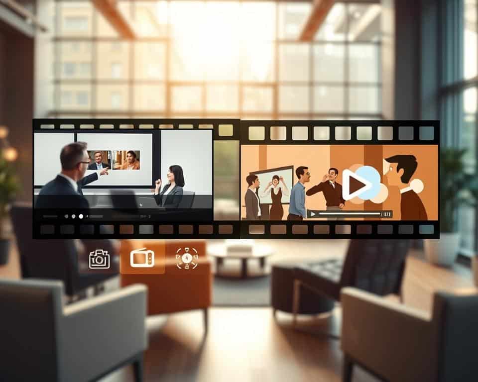 A visually engaging representation of various types of corporate videos, featuring a split-screen layout. In the foreground, highlight distinct scenes: a professional business meeting showcasing a corporate presentation, a dynamic customer testimonial with an enthusiastic client, a creative animated explainer video in motion, and a behind-the-scenes glimpse of a product launch. The middle layer includes subtle graphical elements such as icons of film reels, cameras, and play buttons to symbolize video content. The background is a soft-focus modern office environment with contemporary furniture and natural light filtering through large windows, creating an inviting and professional atmosphere. Use a wide-angle lens effect to emphasize depth, with warm lighting to convey a positive and inspiring mood.