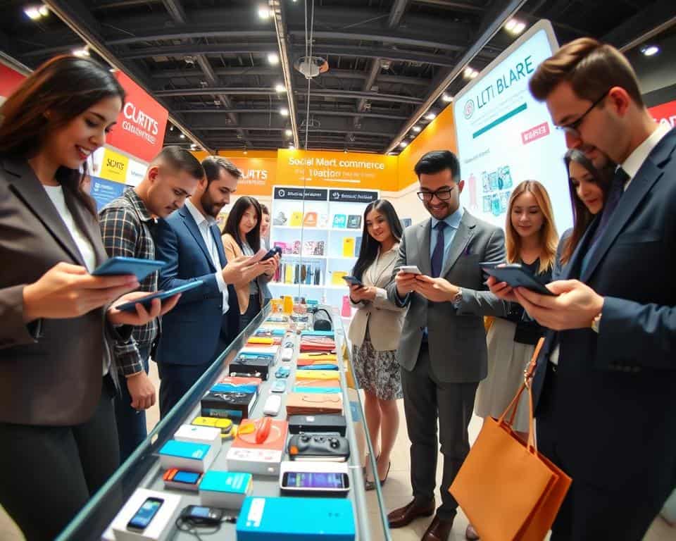 A dynamic digital marketplace scene showcasing social commerce in action. In the foreground, a diverse group of influencers dressed in professional business attire interact with their smartphones and tablets, visibly engaged in promoting products. The middle ground features an array of colorful product displays, including tech gadgets and fashion items, symbolizing the abundance of options available online. The background includes a virtual marketplace interface, with icons representing social media platforms and user engagement metrics. The lighting is bright and inviting, suggesting a lively atmosphere. Use a slight fisheye lens effect to create depth and enhance the sense of connectivity among the participants, conveying an optimistic and trendsetting mood.